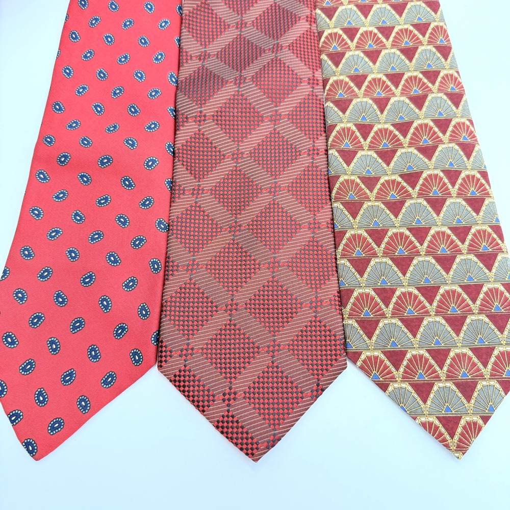 (3) Geometric Silk Necktie Mens Tie 57 x 4 Red Paisley Classic Print Lot Office